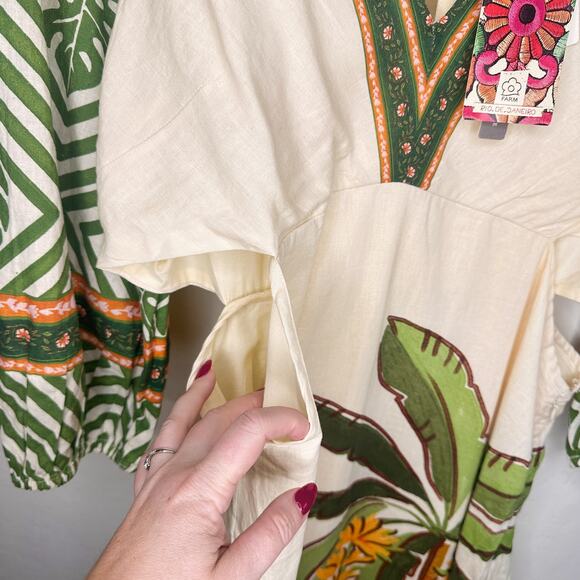 NWT Anthropologie Farm Rio Palm Tree V Neck Puff Sleeve Cut Out Waist Midi Dress - Picture 6 of 15